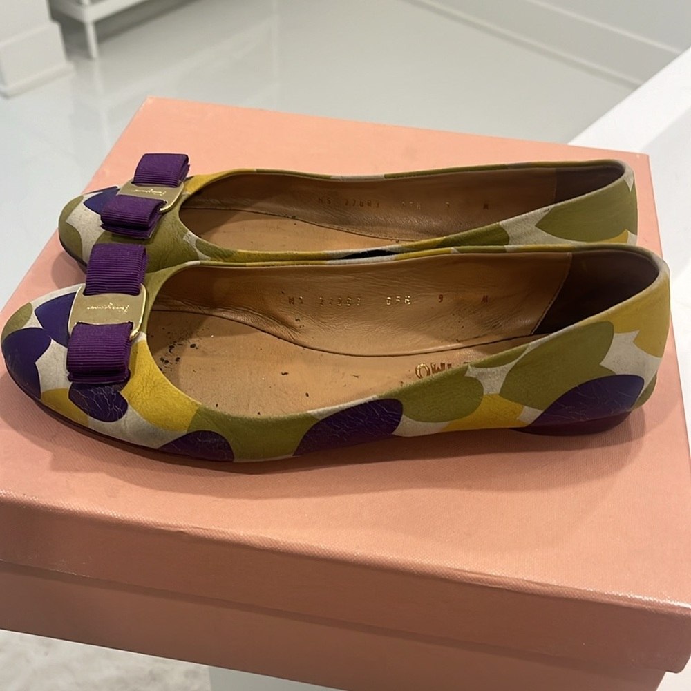 Salvatore Ferragamo Multicolor Canvas Bow Flats — Purple, Olive, Yellow, White